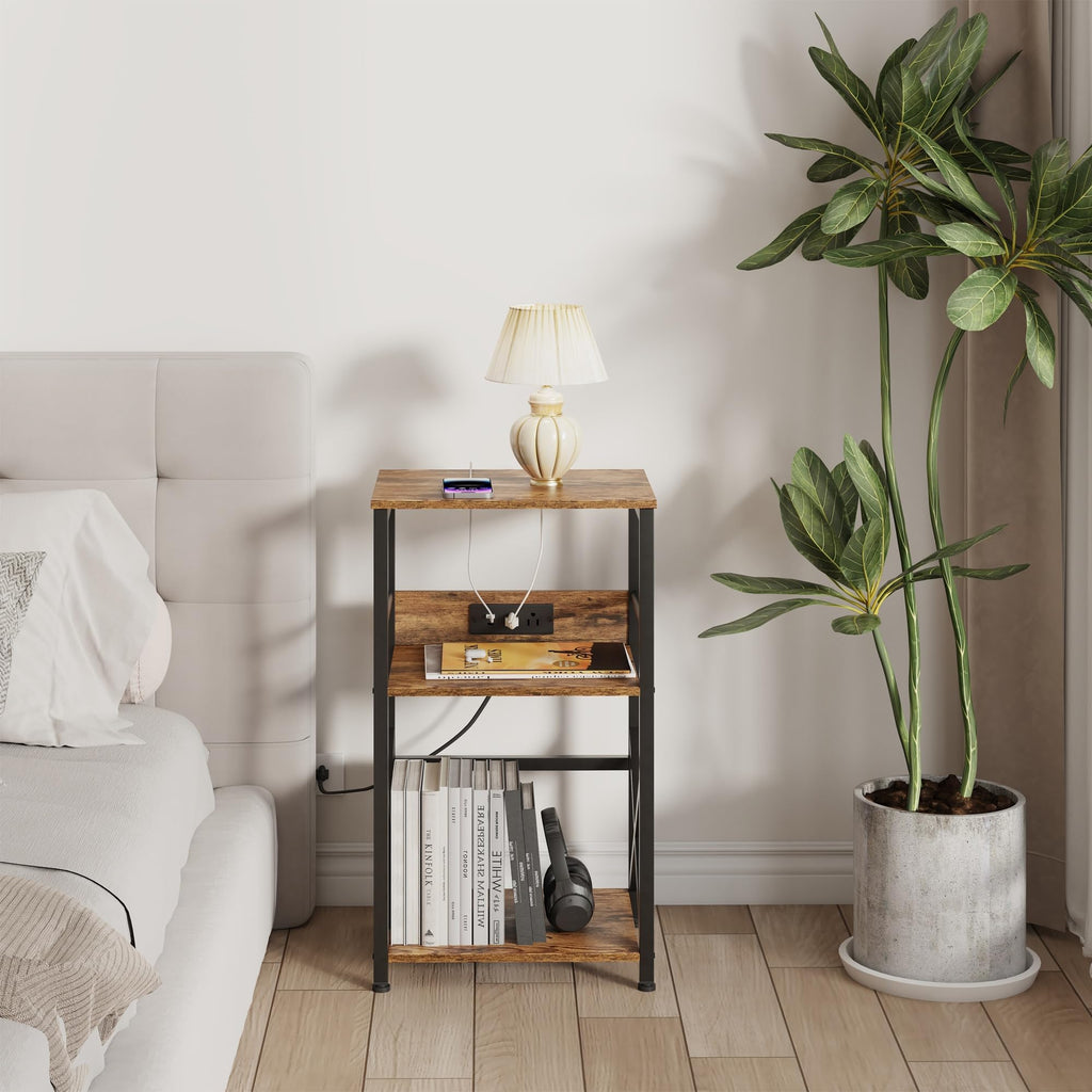 DALEMHOME Record Player Stand with Charging Station, 3-Tier Side Table for 100 Vinyl Storage, End Table for Living Room, Bedroom, Rustic Brown HKET1001BR