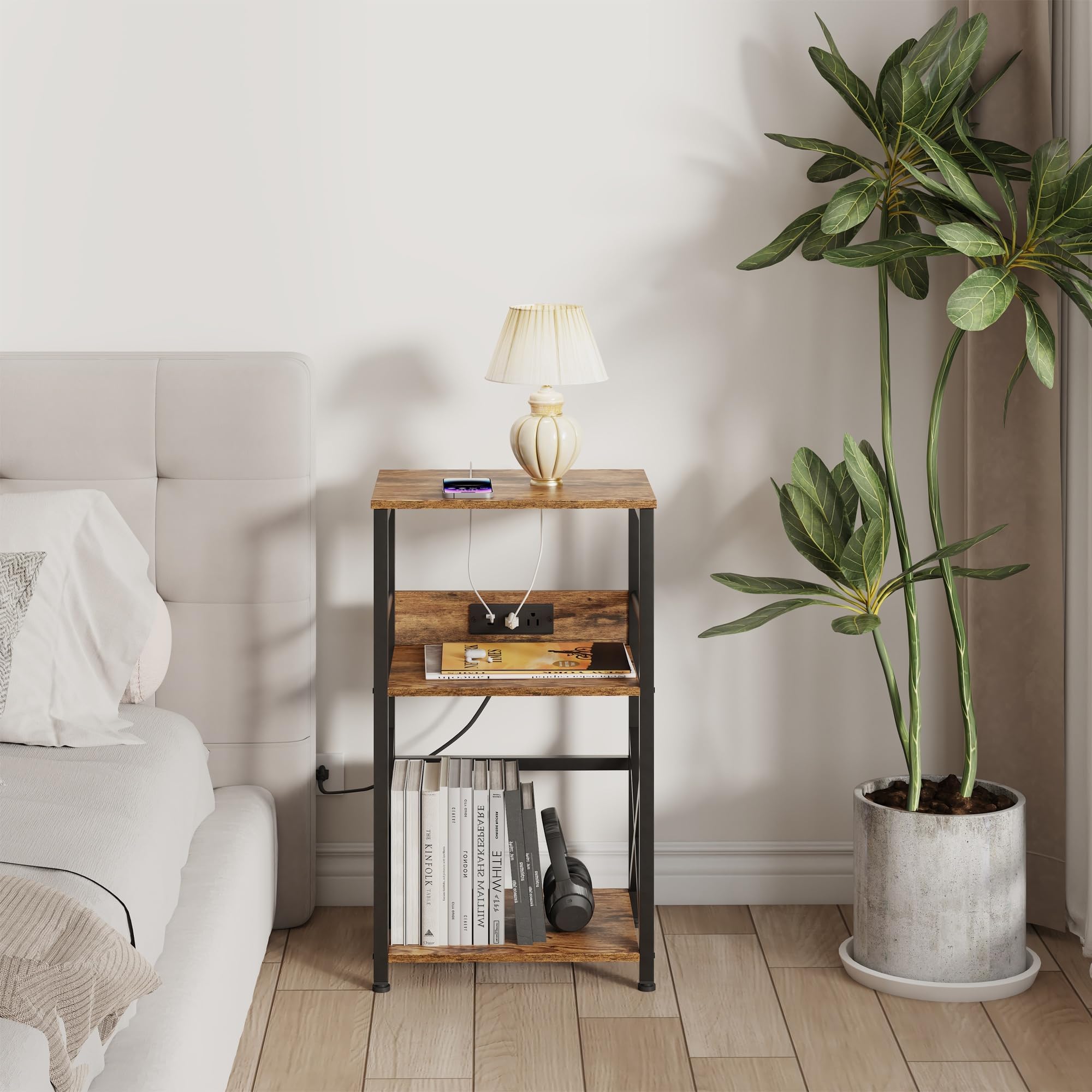 DALEMHOME Record Player Stand with Charging Station, 3-Tier Side Table for 100 Vinyl Storage, End Table for Living Room, Bedroom, Rustic Brown HKET1001BR