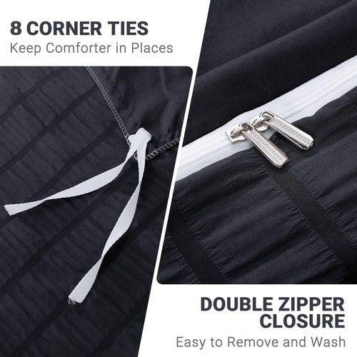 HYMOKEGE Black Duvet Cover Set - Ultra Soft 3-Piece Seersucker Bedding | Queen Size with Zipper Closure (90"x90")
