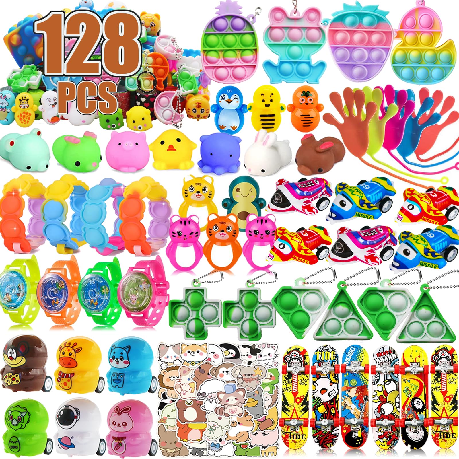 Mctuoba 128 Pcs Party Favors for Kids, Pop Fidget Toys Bulk, Treasure Box Toys, Pinata Stuffers, Classroom Prizes, Goodie Bag Filler, Treasure Chest Carnival Prize for Boys Girls 4-8