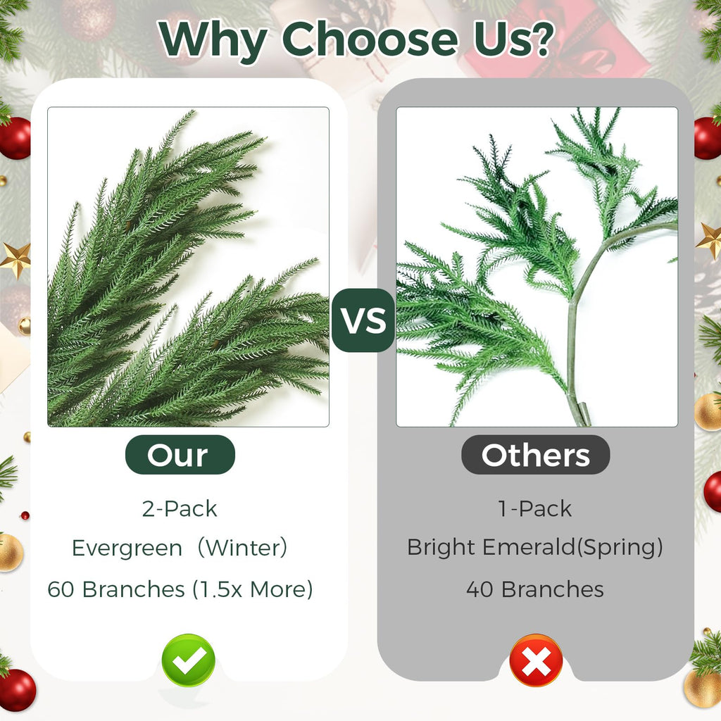 2 Pcs 6FT Norfolk Pine Garland (12FT Total): Real Touch Artificial Christmas Greenery with 120 Branches, Premium Decor for Mantle, Table, Wall, Indoor/Outdoor(Dark Green)