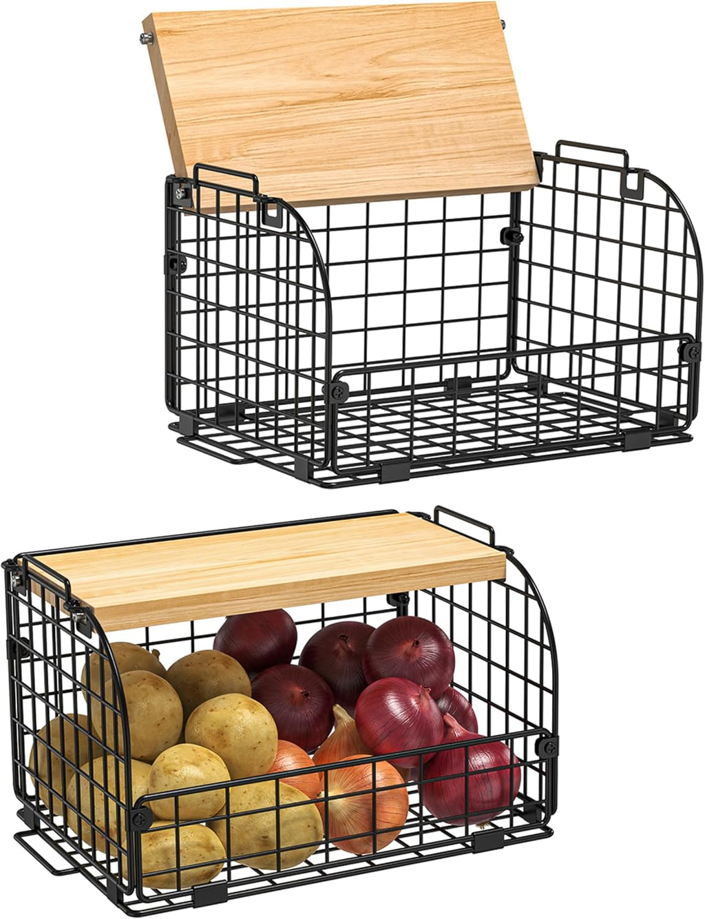 Skiennix Stackable Wire Baskets - Openable Top Kitchen Organizer for Fruits, Veggies & Snacks | 2 Set