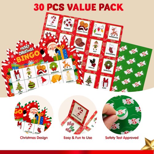 JOYIN Christmas Bingo Cards - 30 Players Holiday Game for Kids & Family Fun | Winter Party Activity