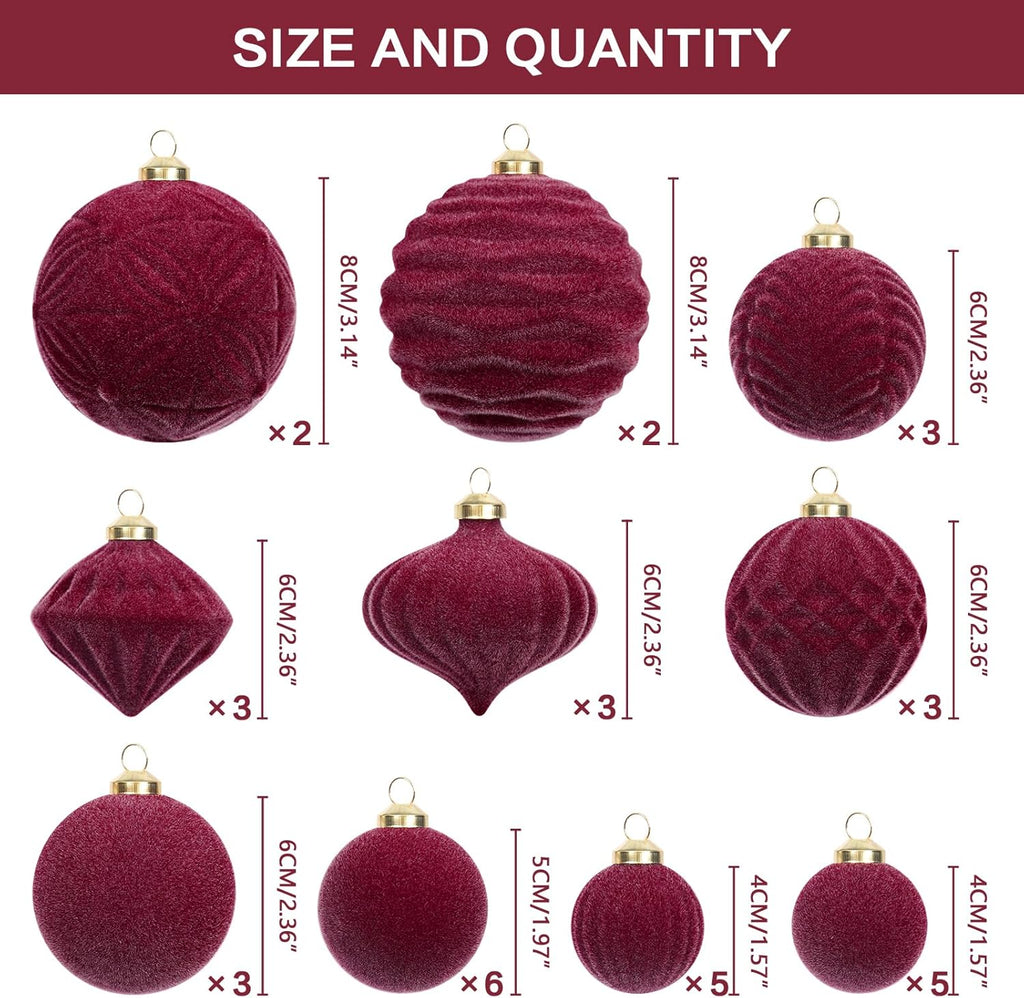Super Holiday Velvet Christmas Ornaments Set - 35PCS Flocked Shatterproof Hanging Decorations | Burgundy