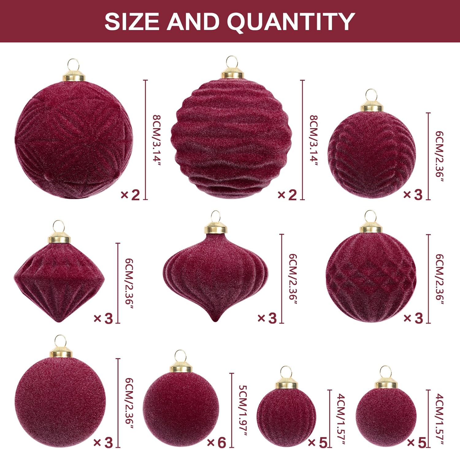 Super Holiday Velvet Christmas Ornaments Set - 35PCS Flocked Shatterproof Hanging Decorations | Burgundy