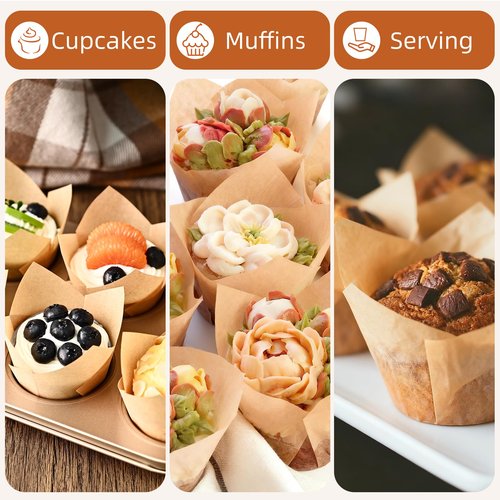 200pcs Natural Tulip Cupcake Liners, Premium Muffin Liners Holders for Baking Cups, Greaseproof Cupcake Wrappers in Standard Size, Classic Parchment Paper Cupcakes Liner by JIRNGLA