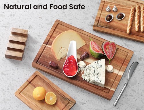 Fibogollo Acacia Wood Cutting Boards Set of 3 - Juice Groove Chopping Boards with Holder for Meat & Veggies