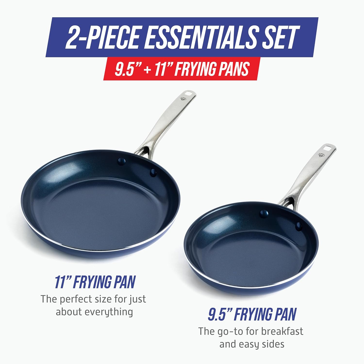 Blue Diamond Frying Pan Skillet Set - 9.5” & 11" Nonstick Ceramic, PFAS-Free, Durable & Dishwasher Safe, Blue