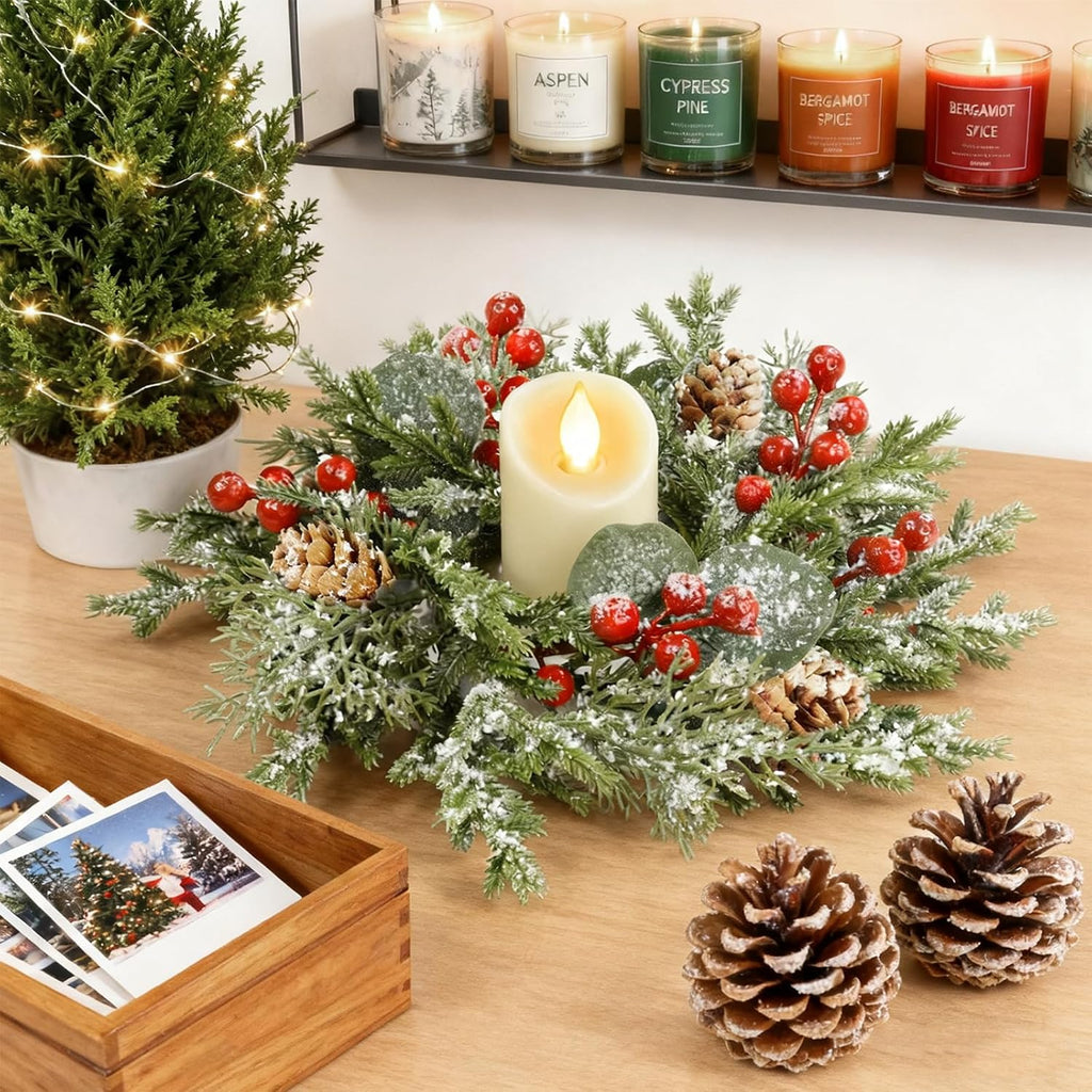 Regine Switzerland Mini Christmas Wreath Candle Rings - Flocked 10"x3.5" Snowy Pinecone & Red Berry Decor
