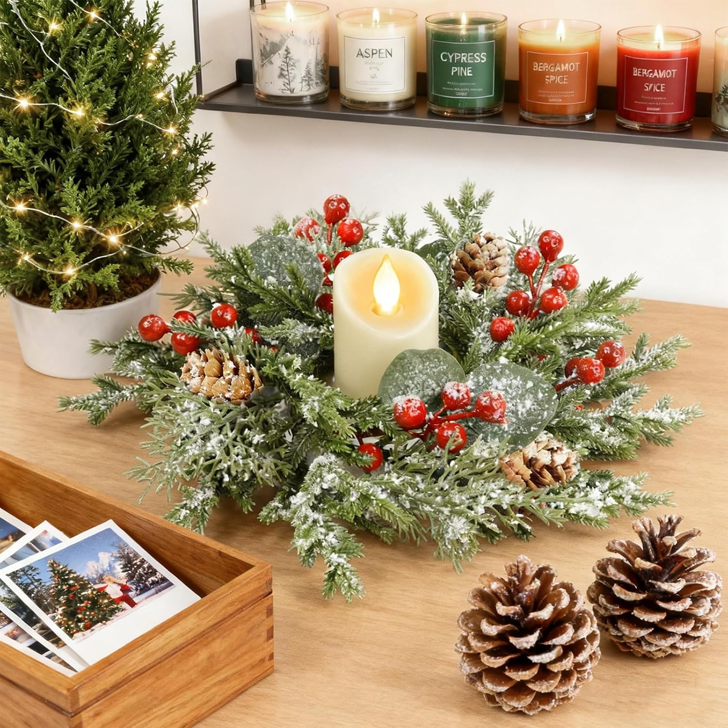 Regine Switzerland Mini Christmas Wreath Candle Rings - Flocked 10"x3.5" Snowy Pinecone & Red Berry Decor