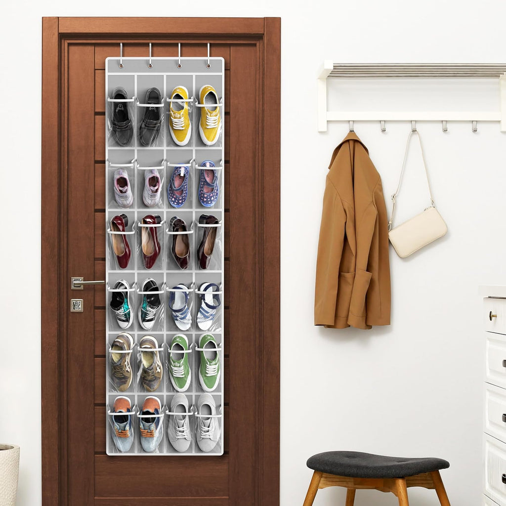 Simple Houseware 24 Pockets - Over The Door Hanging Shoe Organizer | Crystal Clear, Gray (64'' x 19'')