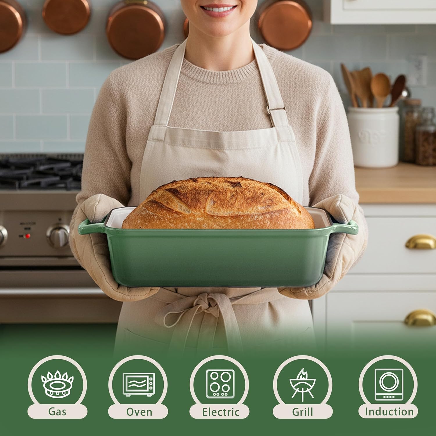 Skiennix Cast Iron Bread Pan - 11x5 Inch Sourdough Baking Pan with Lid | Even Heat Distribution, 5.8Qt, Pistachio