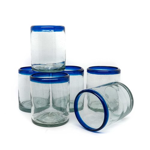 EMPORION Set of 6 Hand-Blown Tumbler (10 oz) Glasses from Mexico with Cobalt Blue Rim - Rustic & Handcrafted Recycled Bubble Glass Drinking Glassware