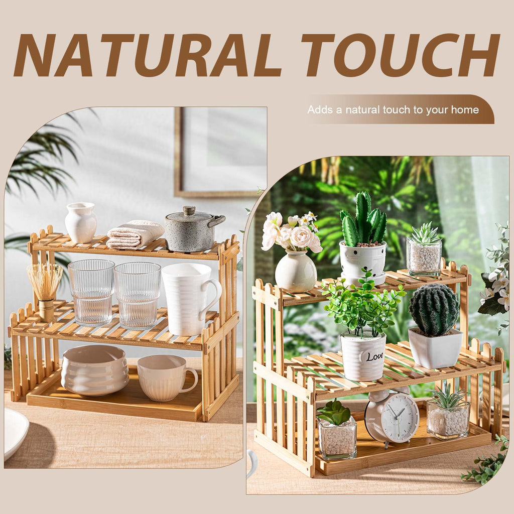 Kathfly 14.6" 2-tier Matcha Station Shelf Stand with 13" Bamboo Matcha Tea Serving Tray Coffee Station Organizer Coffee Bar Storage Rack Mug Holder Countertop for Desktop Flower Pot Cup(Bamboo Color)