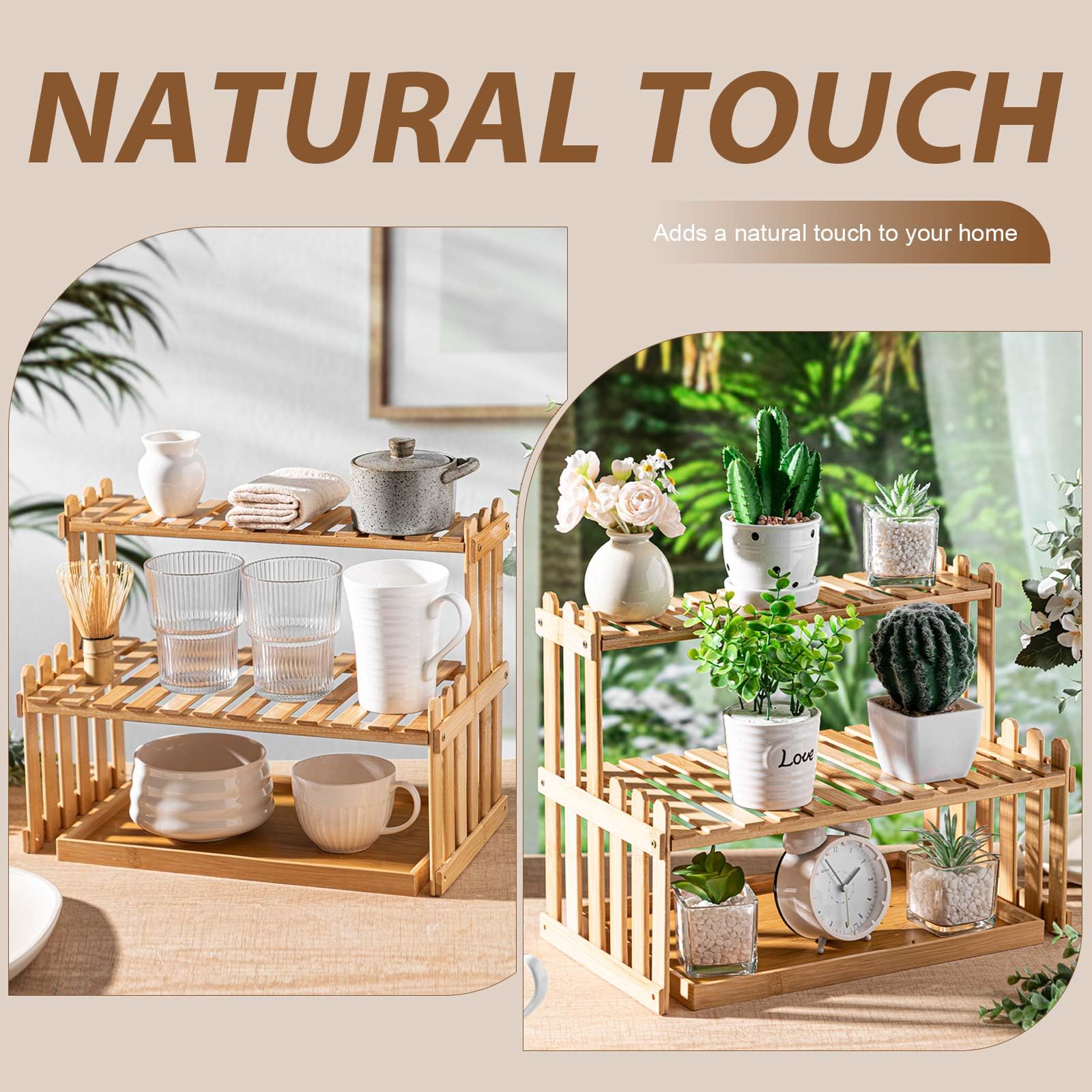 Kathfly 14.6" 2-tier Matcha Station Shelf Stand with 13" Bamboo Matcha Tea Serving Tray Coffee Station Organizer Coffee Bar Storage Rack Mug Holder Countertop for Desktop Flower Pot Cup(Bamboo Color)