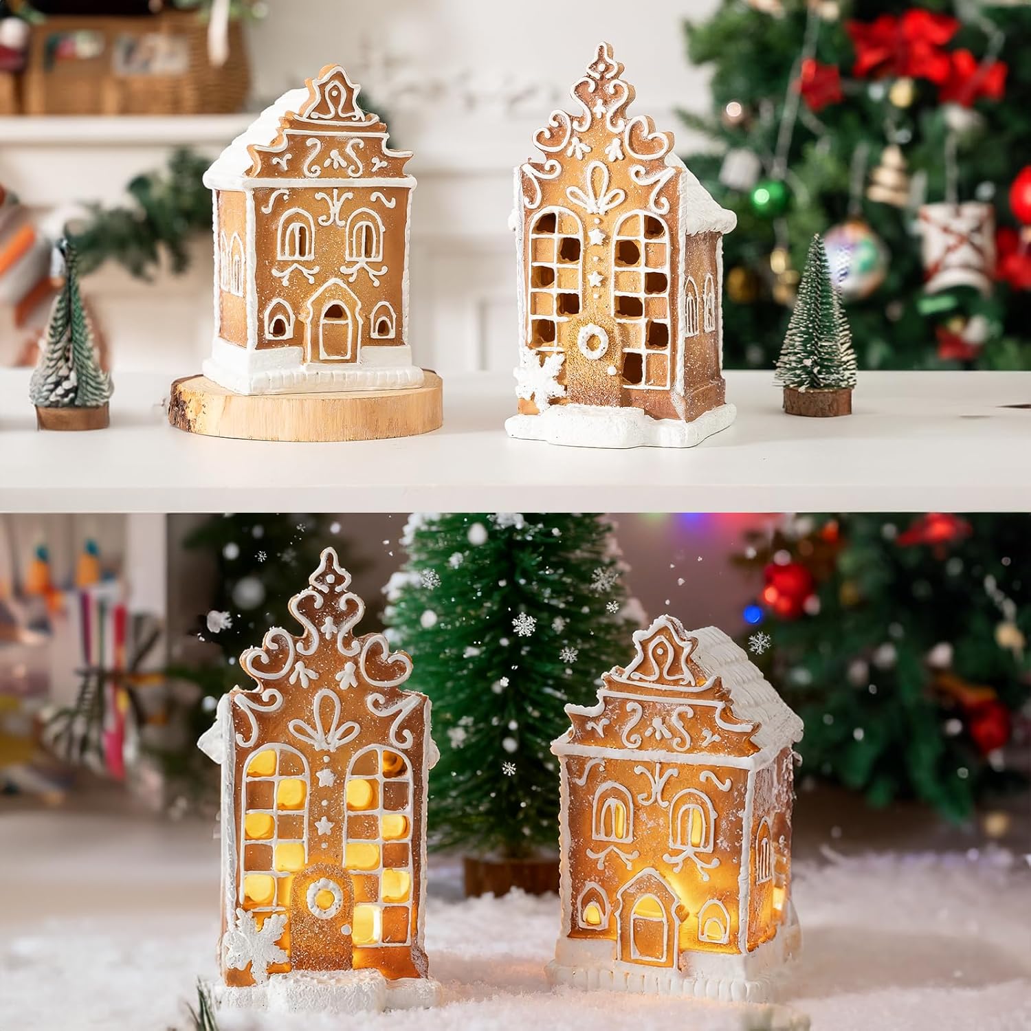 Regine Switzerland 2Pc Christmas Gingerbread Village House Figurines - Pre-Lit LED Table Decorations