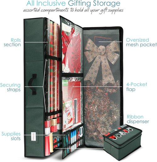 Hearth & Harbor Wrapping Paper Storage Container with Ribbon Storage Organizer - Christmas Storage Bag with Extra Interior Pockets - Gift Wrapping Organizer Storage Fits Up to 26 Rolls of 40" Length
