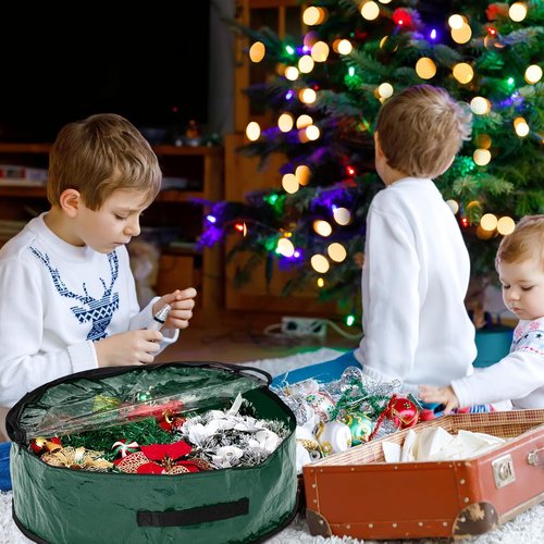 4 Pcs Christmas Wreath Storage Bag - Clear Window, Zipper & Handle | Green 24-Inch Garland Container