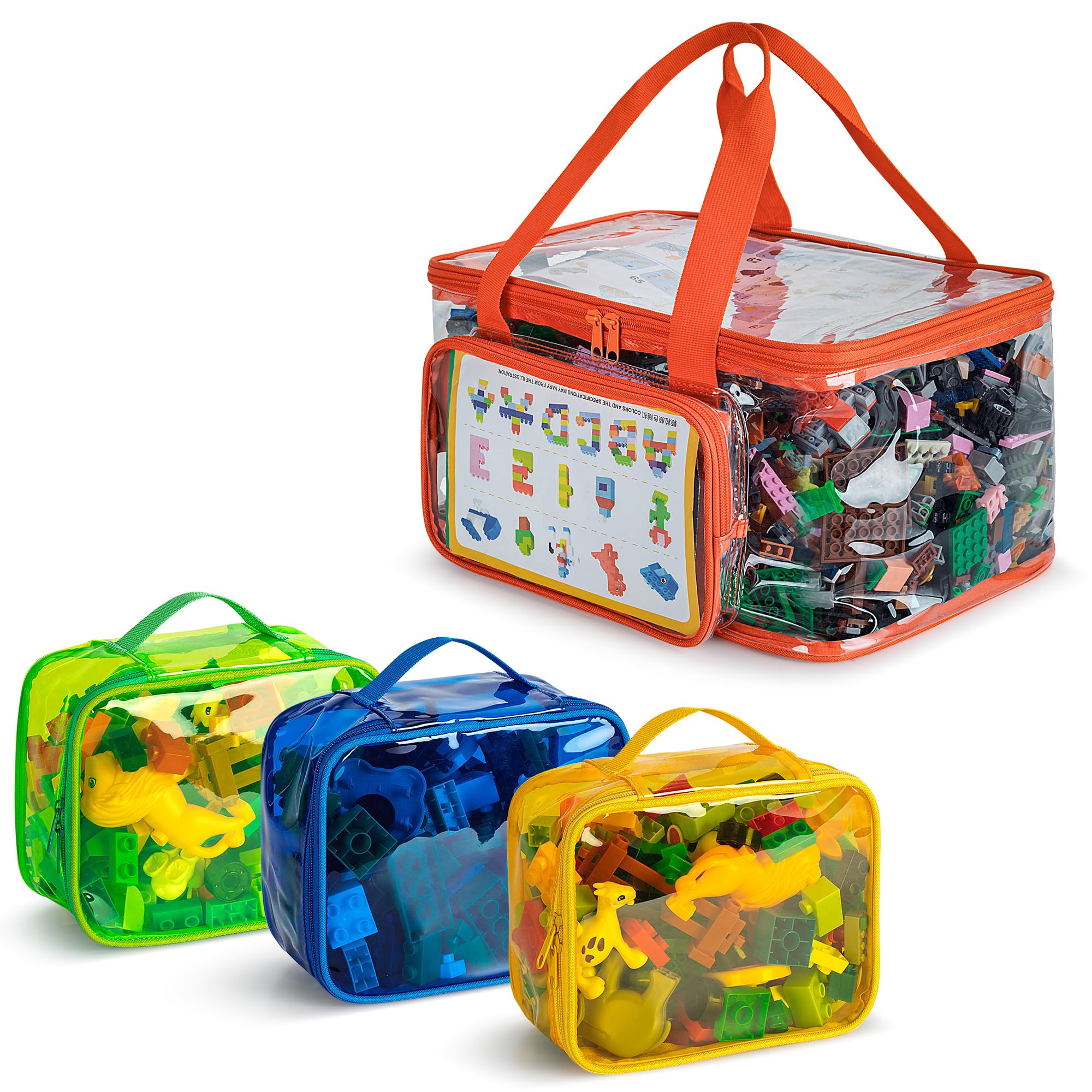 Rexmica 4 Packs Toy Storage Bag for Building Bricks, Waterproof Clear Toy Organizer Case for Magnetic Tiles, Board Games, Puzzles, Building Blocks Travel Carrying Bag
