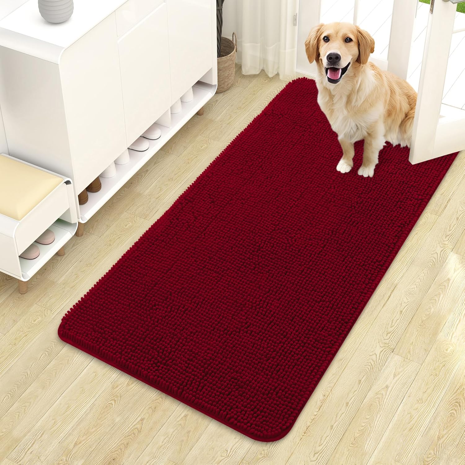 OLANLY Dog Door Mat - Absorbent Non-Slip Washable Doormat for Muddy Paws | 44x24 Red Chenille Carpet
