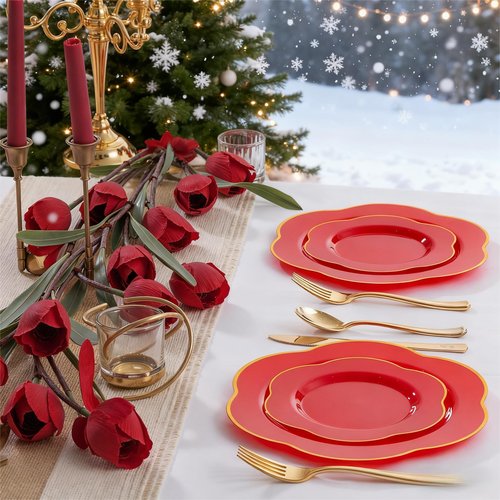 Liacere 100PCS Red Plastic Plates - 50 Guests Red and Gold Disposable plastic plates Heavy Duty - 50 Dinner (10.25") 50 Dessert (7.5") Plate - BPA-Free Food - Safe for Party & Valentine's Day