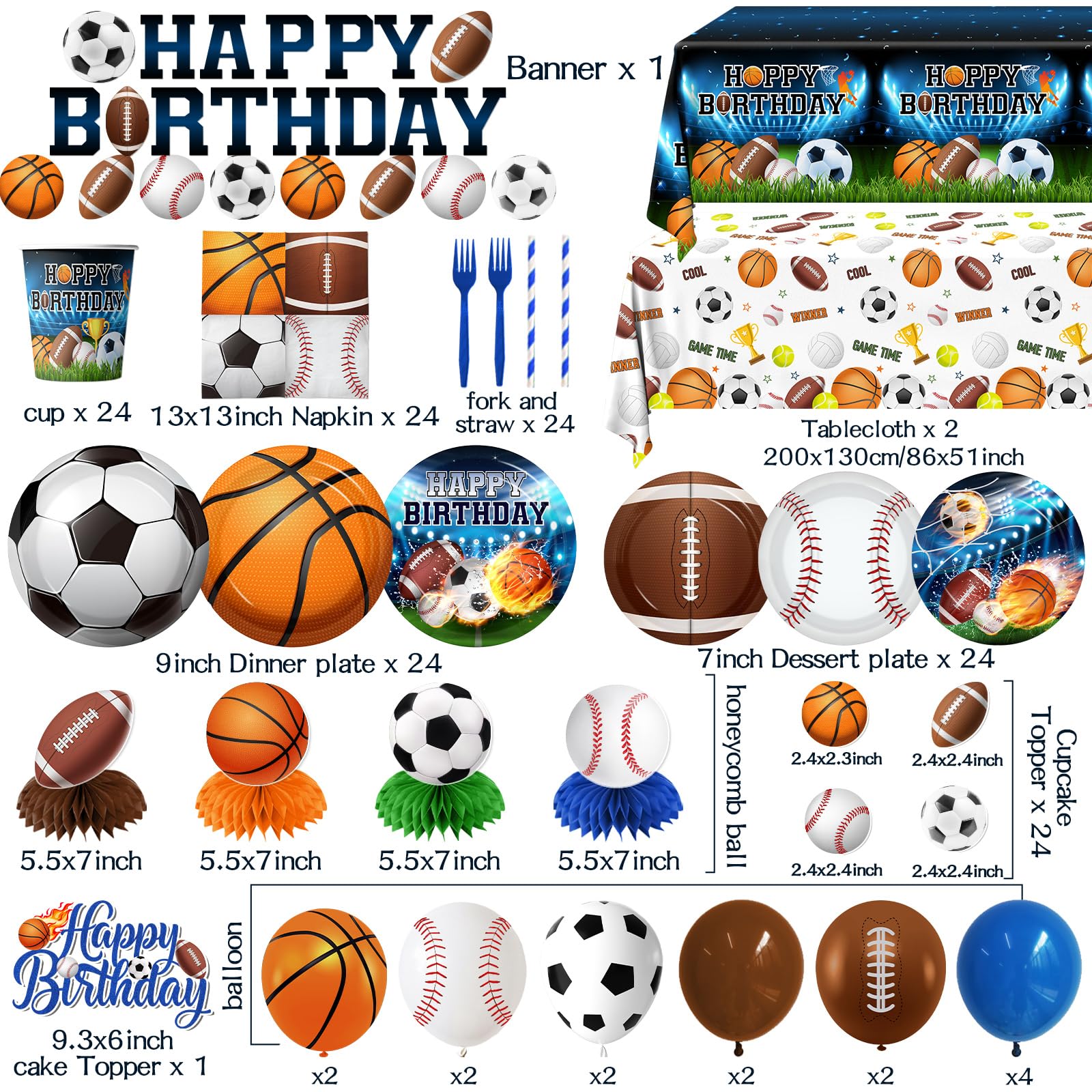 Sports Birthday Party Decorations-All Star Basketball Football Baseball Soccer Tableware Balloons Set for Boy Birthday,Serves 24