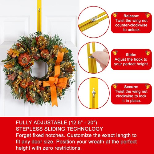 Gold Wreath Hanger - Adjustable Over The Door Hook (15-25 Inch) | Ultra-Thin Heavy Duty Metal for All Seasons