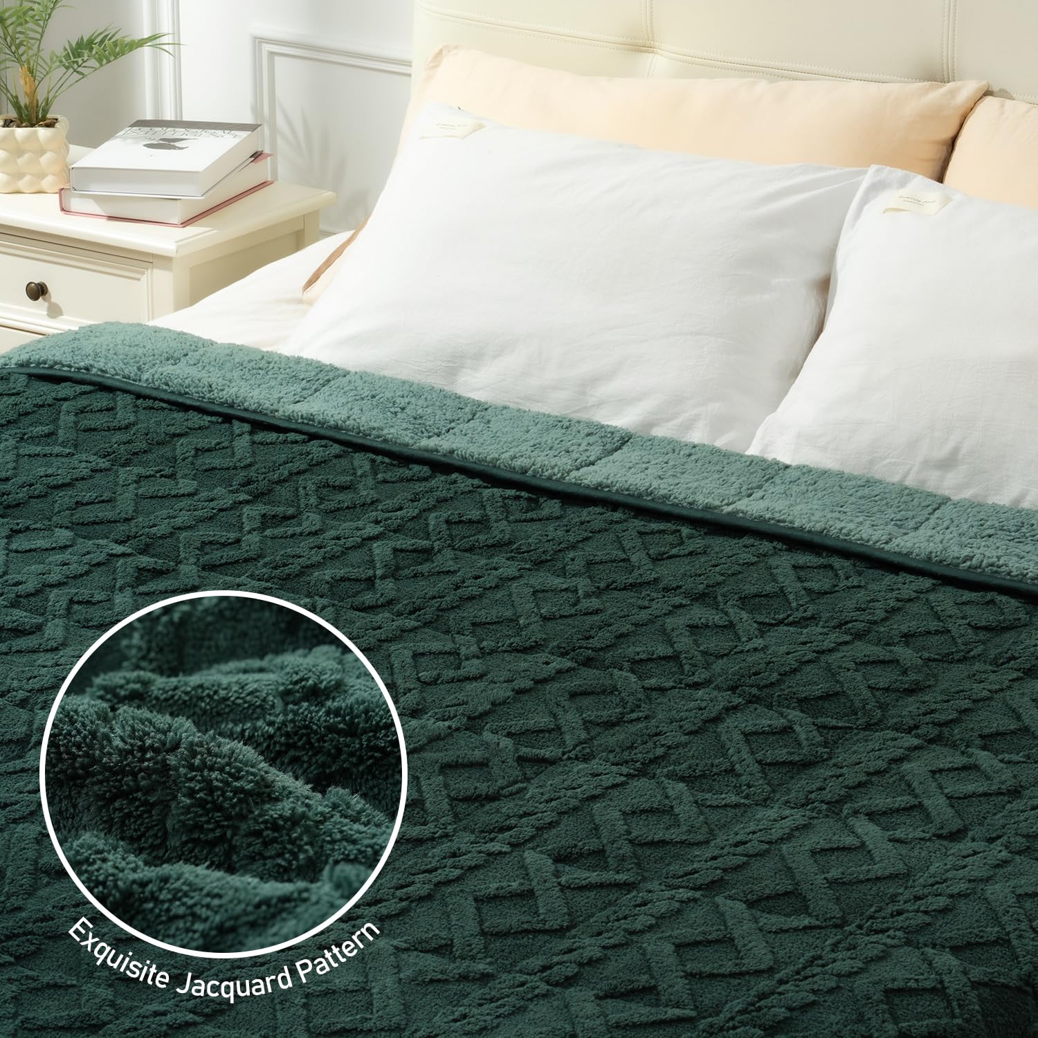 Wemore Weighted Blanket for Adults Twin Size 15 lbs, Dual Sided Soft Fuzzy Jacquard Sherpa Weighted Blankets for Sleeping, Cozy Fluffy Knitted Heavy Blanket for Couch Bed, Dark Green, 60 x 80 inches