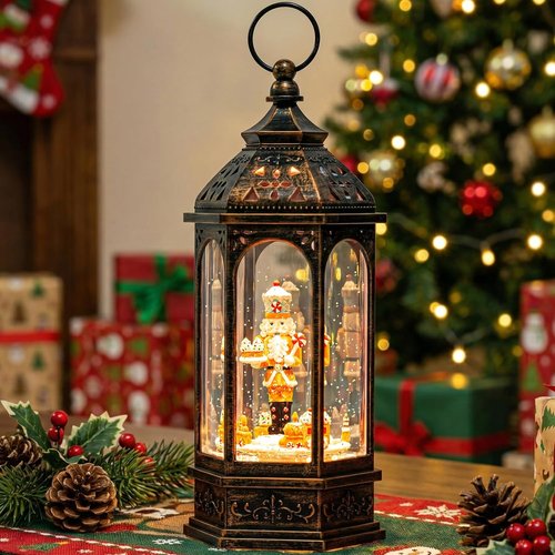 12.8'' Christmas Gingerbread Nutcracker Snow Globe Lantern, Lighted Animated Rotating Train with Musics Swirling Glitter Water Lantern Decoration for Home