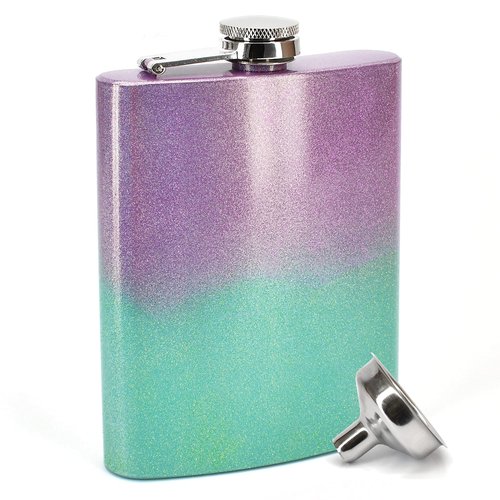 Clear Water Home Goods - 8 oz Mermaid Holographic Glitter Sparkle Stainless Steel Hip Flask w/Funnel - Wedding Party - Groomsman - Bridesmaid (10 Pack)
