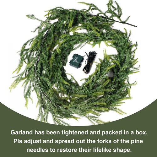 9FT Christmas Garlands Norfolk Pine Garland, Real Touch Artificial Winter Pine Garlands, Green Artificial Greenery Garland for Table, Wall, Mantle, Indoor, Outdoor Christmas Decorations