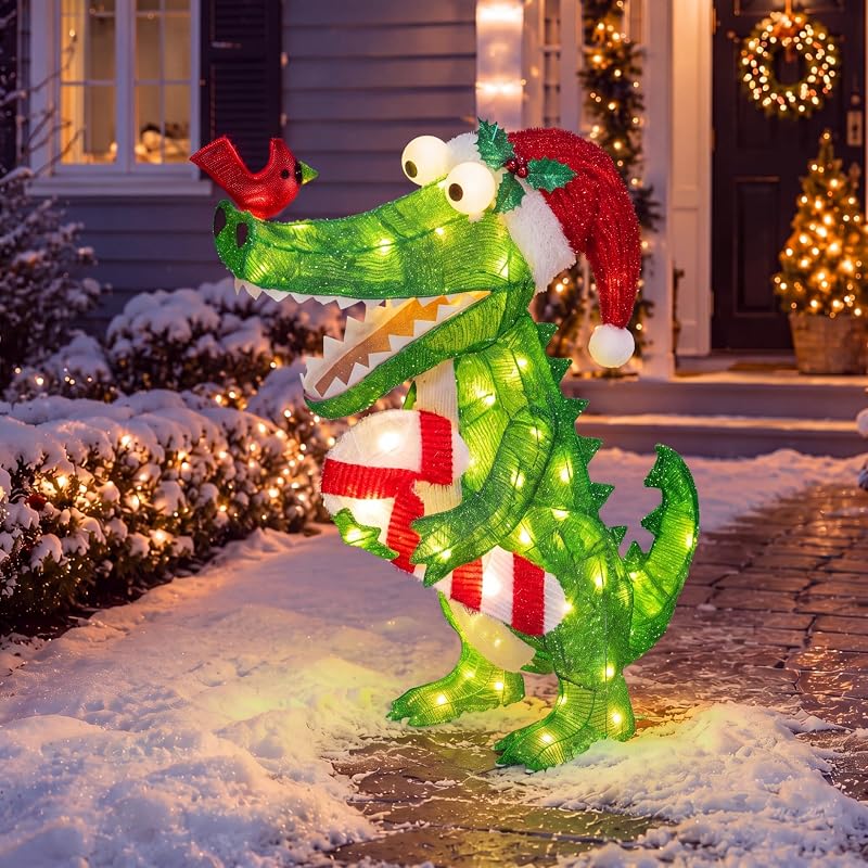 Christmas Lighted Alligator Yard Decoration with Santa Hat - 26.7in Outdoor Crocodile