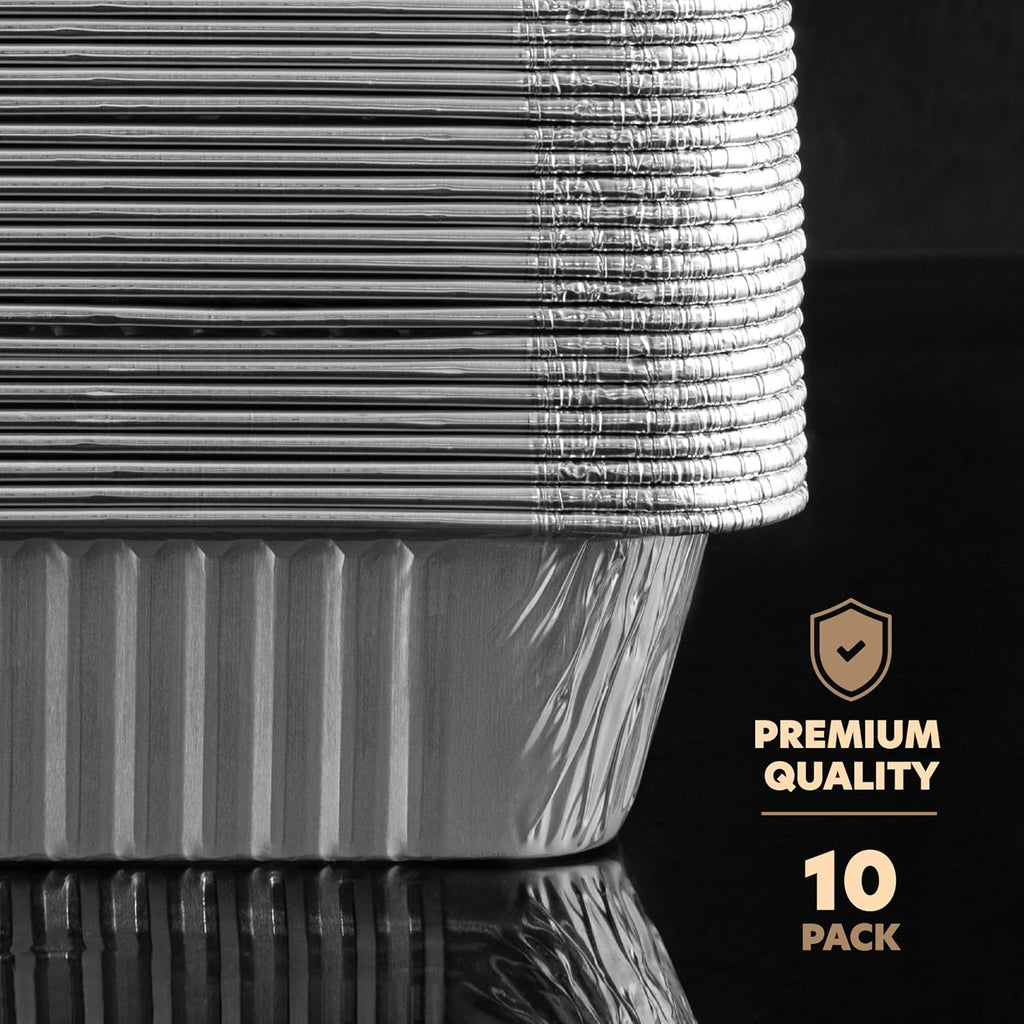 PlasticPro Aluminum Pans - Heavy Duty 2.25 lb Disposable Baking Pans with Covers | 10 Pack, 6.5'' x 9''
