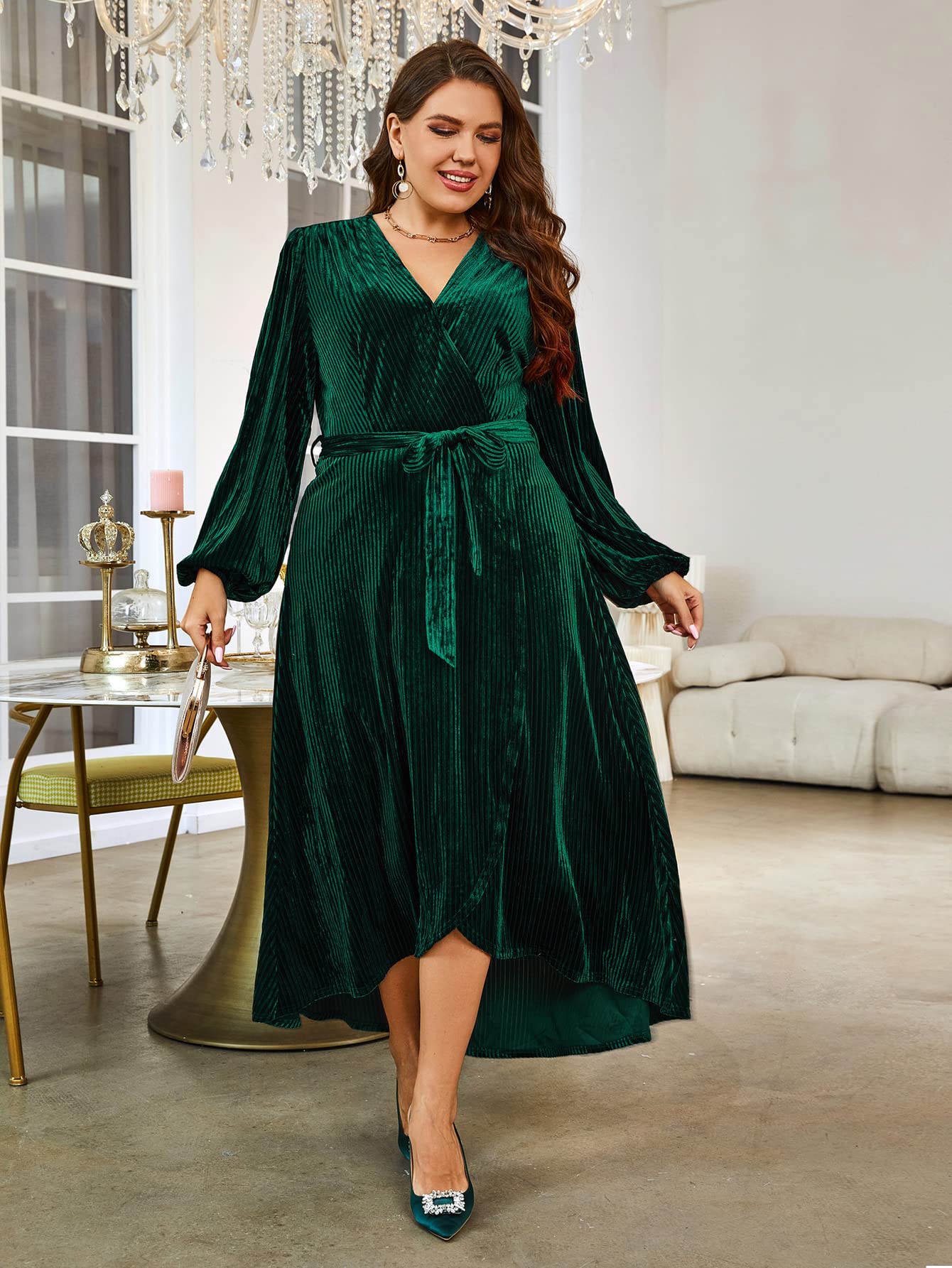 BerryGo Women's Plus Size Long Sleeve Velvet Wrap Dress V Neck Cocktail Semi Formal Maxi Dress for Wedding Guest Emerald Green 3XL