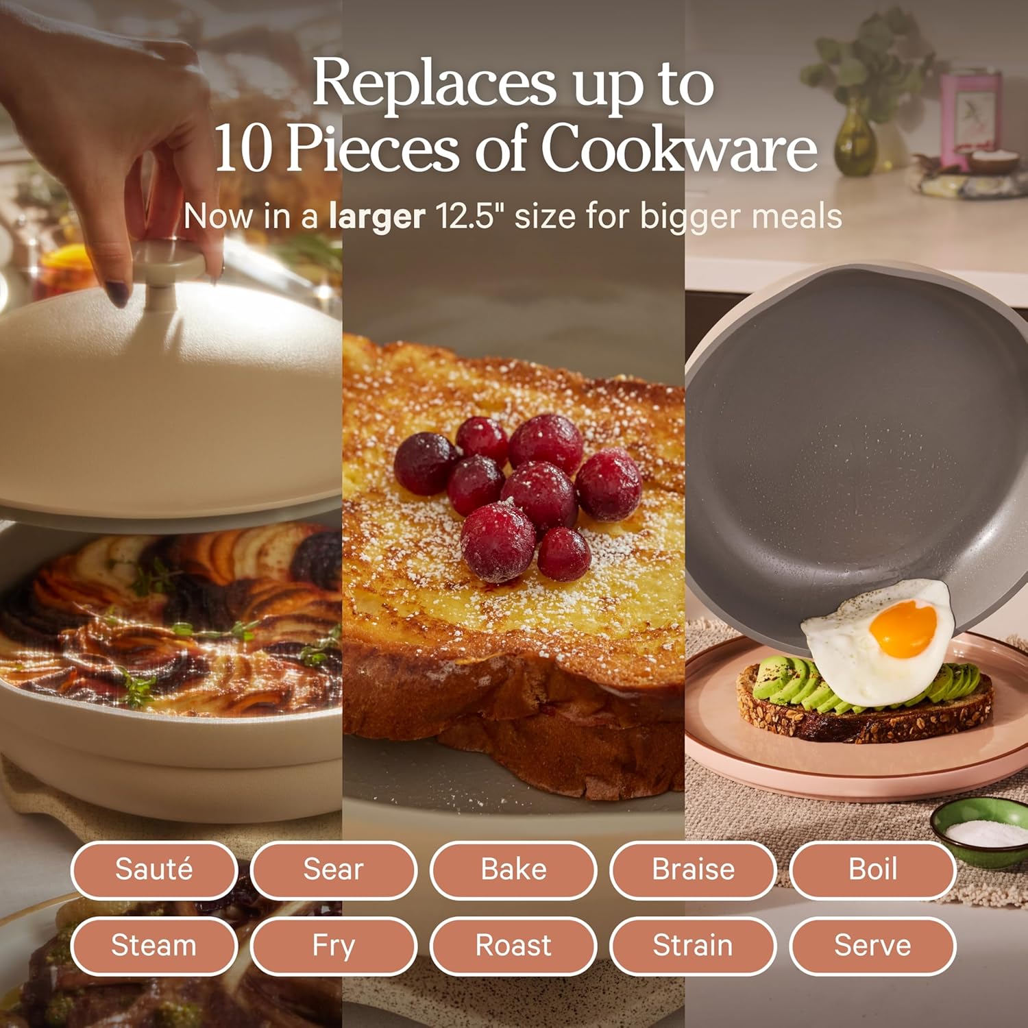 Our Place Large Always Pan - 12.5" Nonstick Ceramic Cookware with Modular Lid & Beechwood Spatula | Oven-Safe to 450°F