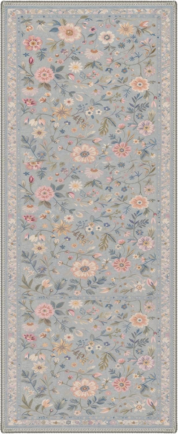 Bavni Runner Rug - Vintage Floral Print, Machine Washable & Non-Slip - 2.5x6 ft, Misty Blue