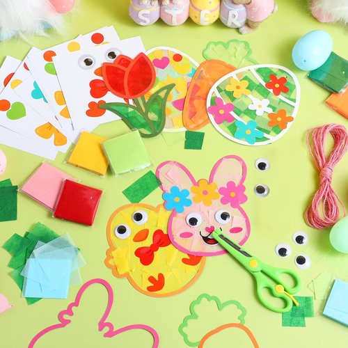 Feifeiya 24 Pack Easter Suncatcher Craft Kit - DIY Window Art with Bunny, Carrot & Egg Designs