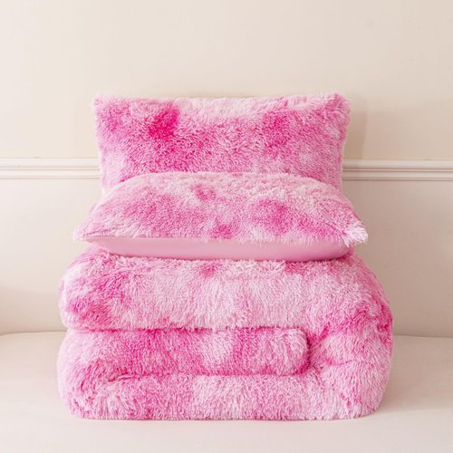 RYNGHIPY Plush Shaggy Bedding Set for Kids Girls Faux Fur Fluffy Velvet Duvet Cover Set Pink Tie Dye Gilrs Bed Set Furry and Soft (Tie Dye Pink,Twin)