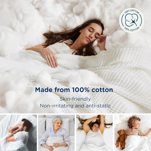 Bedsure Gentlesoft 100% Cotton Blanket - Cooling, Breathable Queen Size Waffle Weave, White, 90x90 Inches
