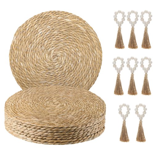 Hardcometrue Woven Placemats Set of 8, 13.8" Natural Water Hyacinth Round Rattan Placemats with Wooden Beads Napkin Rings for Kitchen Dining Table Decor