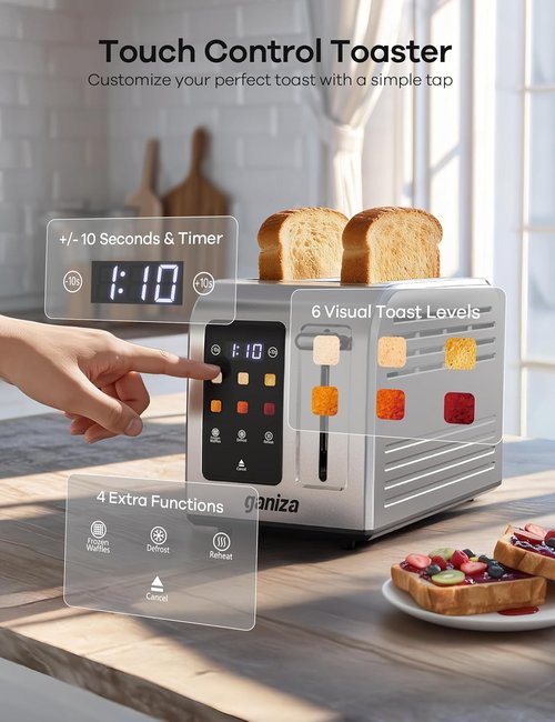 Ganiza Smart Toaster - 2 Slice Touchscreen Design with Digital Countdown Timer | Stainless Steel Finish