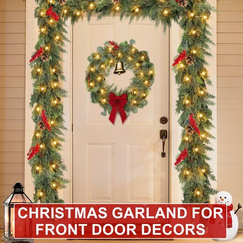 Extra Thick & Lush - Prelit Christmas Garland with 30 Lights Timer, 6Ft by 12 Inch Real Touch Cedar Garland with Berry Pinecone, Battery Operated Realistic Soft 130 Tips Xmas Garlands Indoor Outdoor