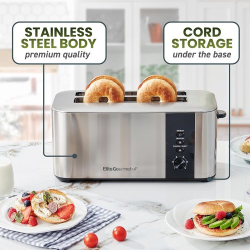 Elite Gourmet Long Slot 4-Slice Toaster - 1.5” Wide Slots, 6 Toast Settings, Stainless Steel Finish
