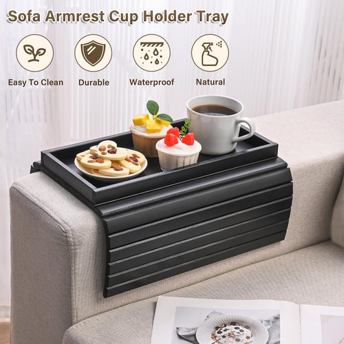 YUBAMIN Bamboo Sofa Arm Tray, Anti-Dropping Couch Arm Tray, Foldable Sofa Armrest Tray Couch Arm Table for Eats, Drinks, Snacks, Remote, Cellphone, Cup Holder, Back Anti-Slip Pad Design