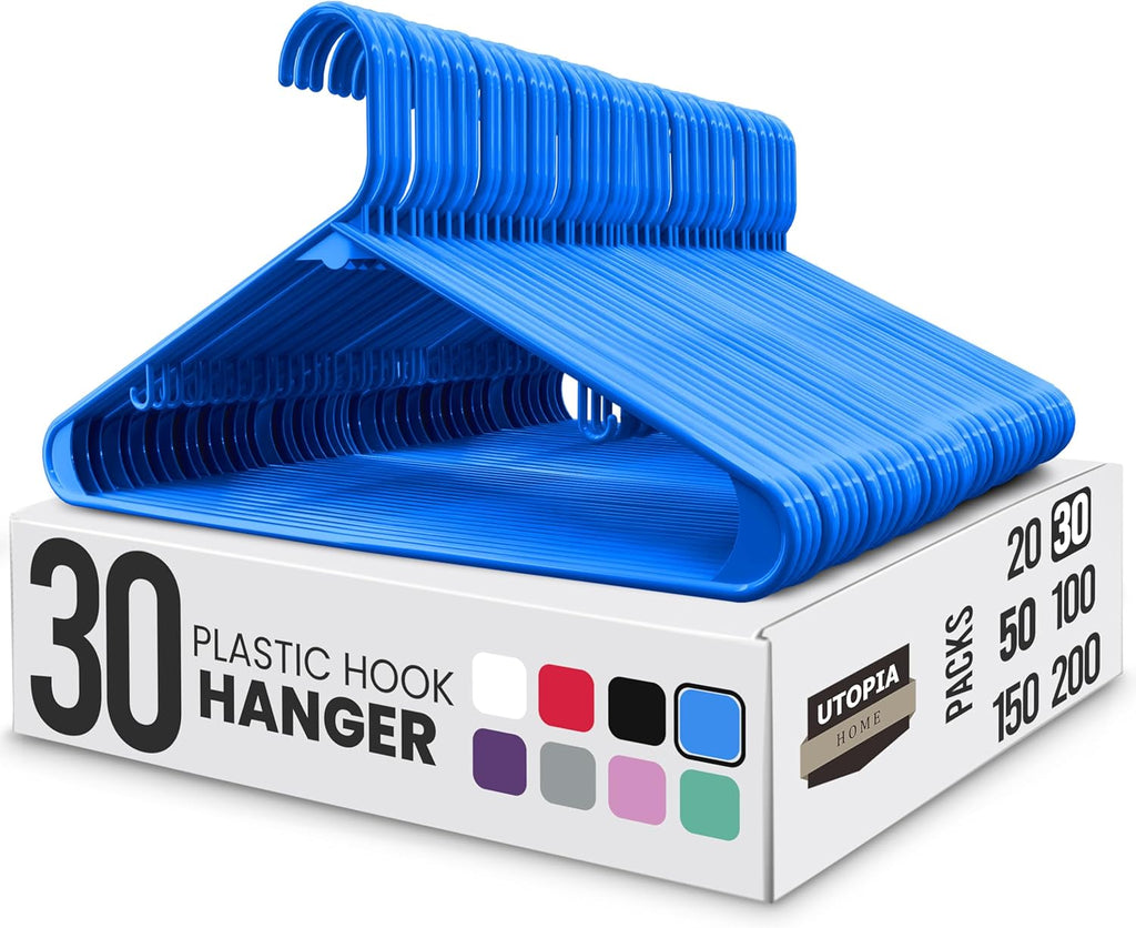 Utopia Home Plastic Hangers - Durable Space-Saving Clothes Hangers with Hooks | 30 Pack (Blue)