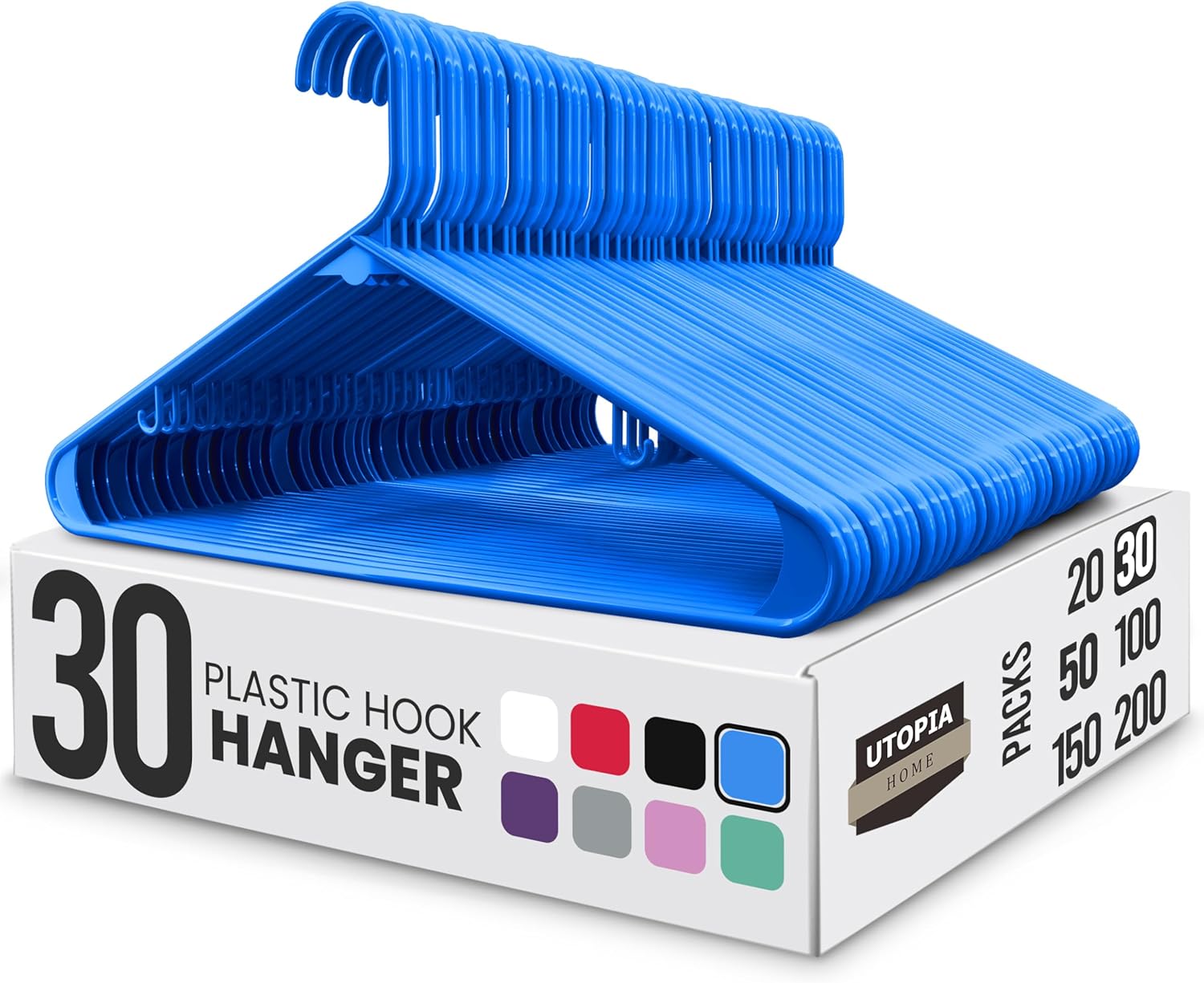 Utopia Home Plastic Hangers - Durable Space-Saving Clothes Hangers with Hooks | 30 Pack (Blue)