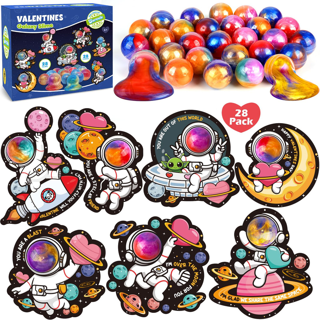 SURCVIO 28 Pack Valentines Day Gifts for Kids, Galaxy Slime with Greeting Cards Stress Relief Fidget Set for Kids, Valentine's Day School Prize Party Favor, Classroom Exchange Gift Set