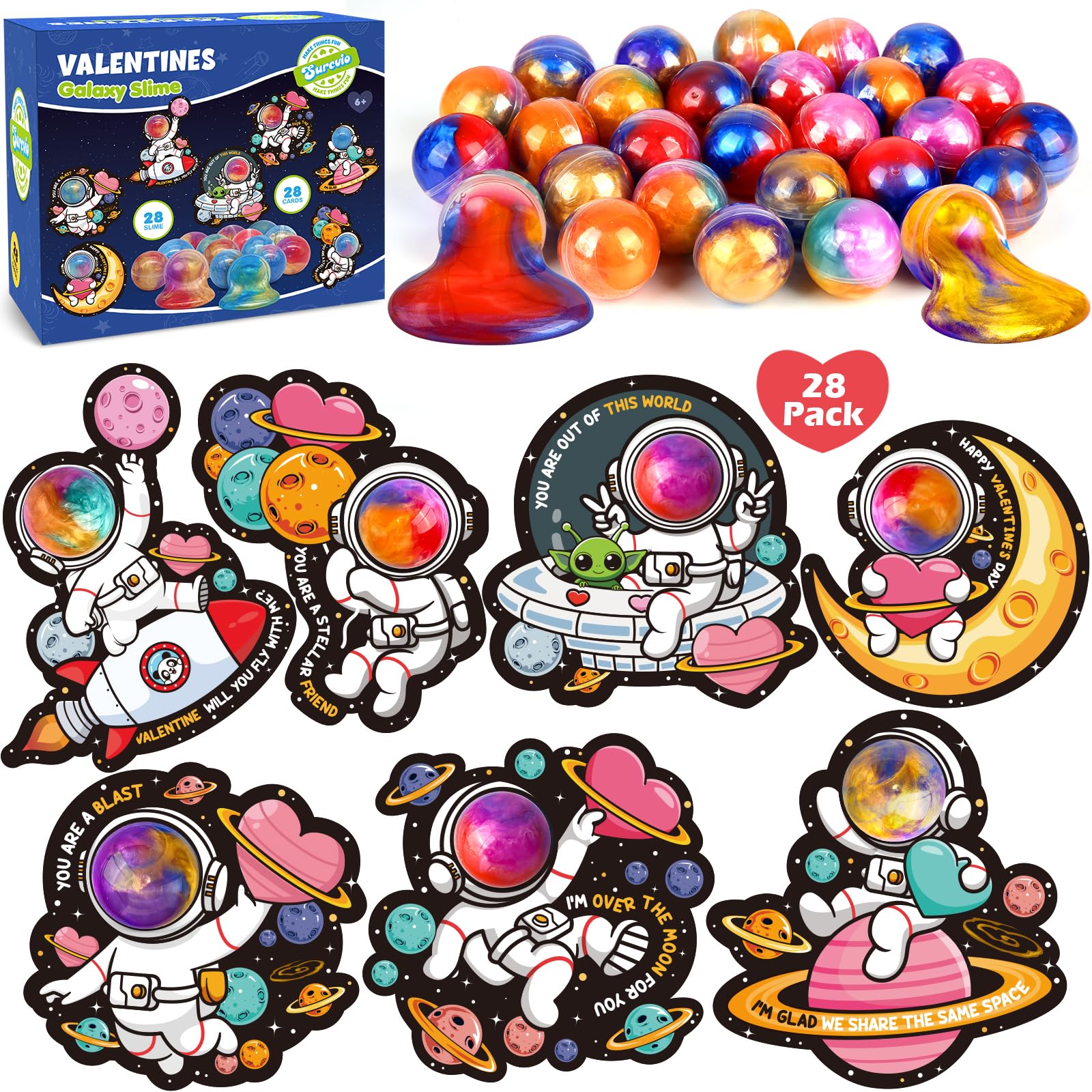 SURCVIO 28 Pack Valentines Day Gifts for Kids, Galaxy Slime with Greeting Cards Stress Relief Fidget Set for Kids, Valentine's Day School Prize Party Favor, Classroom Exchange Gift Set