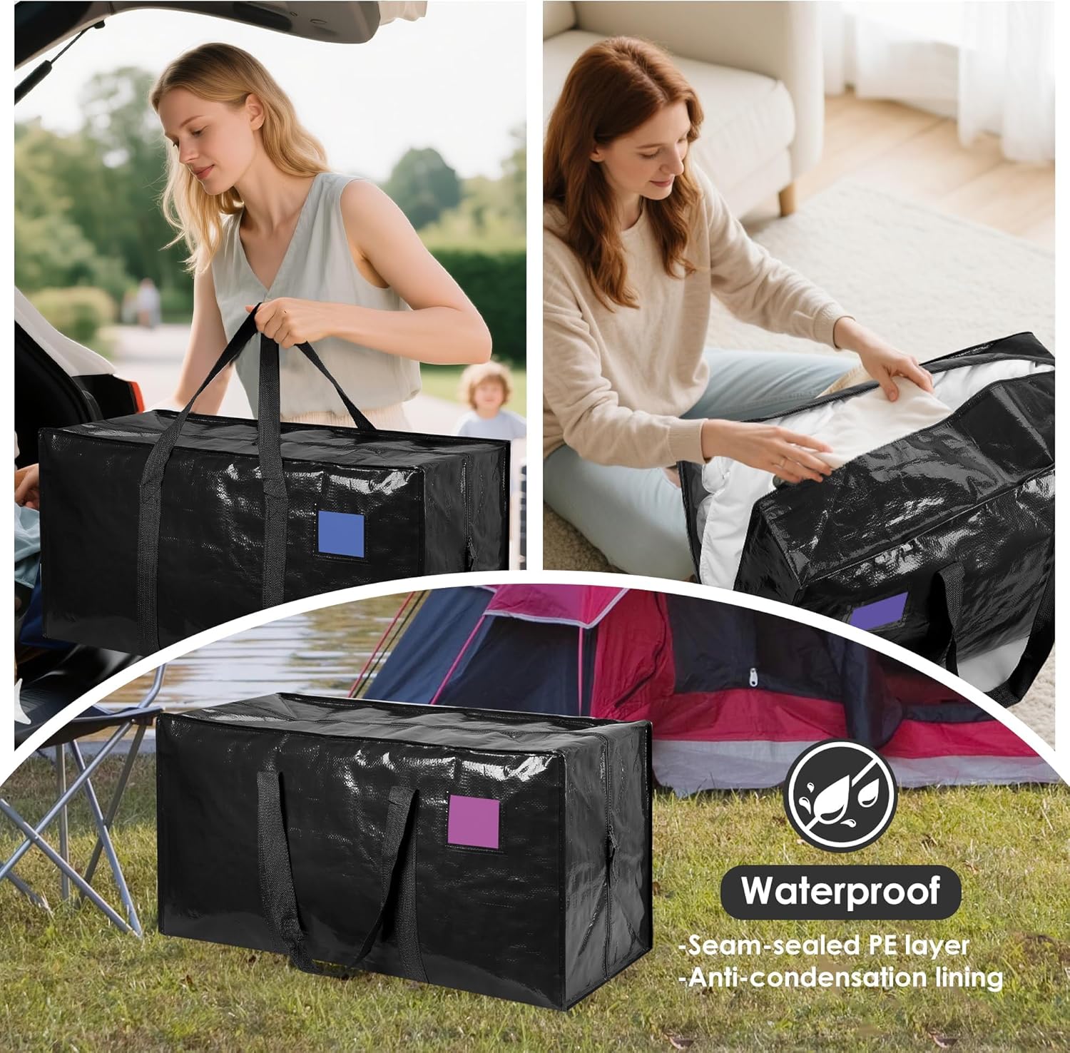 Skiennix Extra Large Heavy Duty Moving Bags - Reinforced Zipper & Wide Handles | Moisture-Resistant Storage for Clothes & Travel - Black, 6 Pack