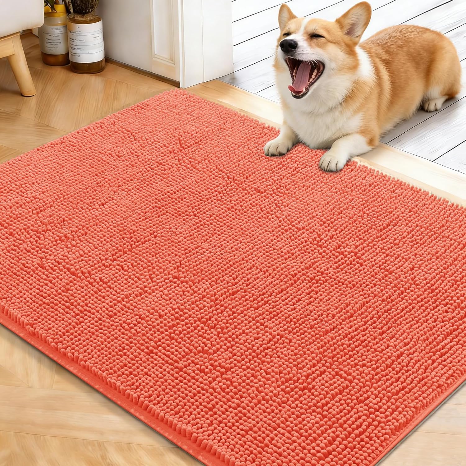 OLANLY Dog Door Mat - Absorbent Non-Slip Washable Chenille Mat for Muddy Paws | 40x32 Coral Size